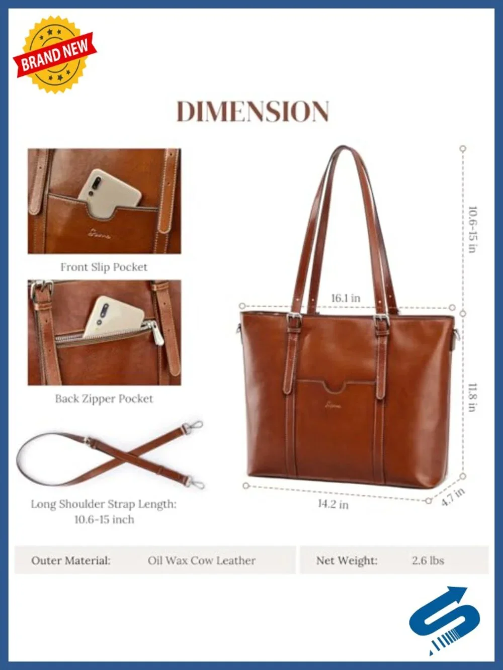 Genuine Leather Laptop Tote Bag Women Large Capacity Shoulder Handbag 15.6 Inch